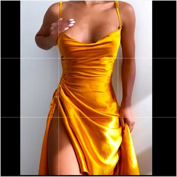 Satin Slip Ruched Gold Dress Gold / L